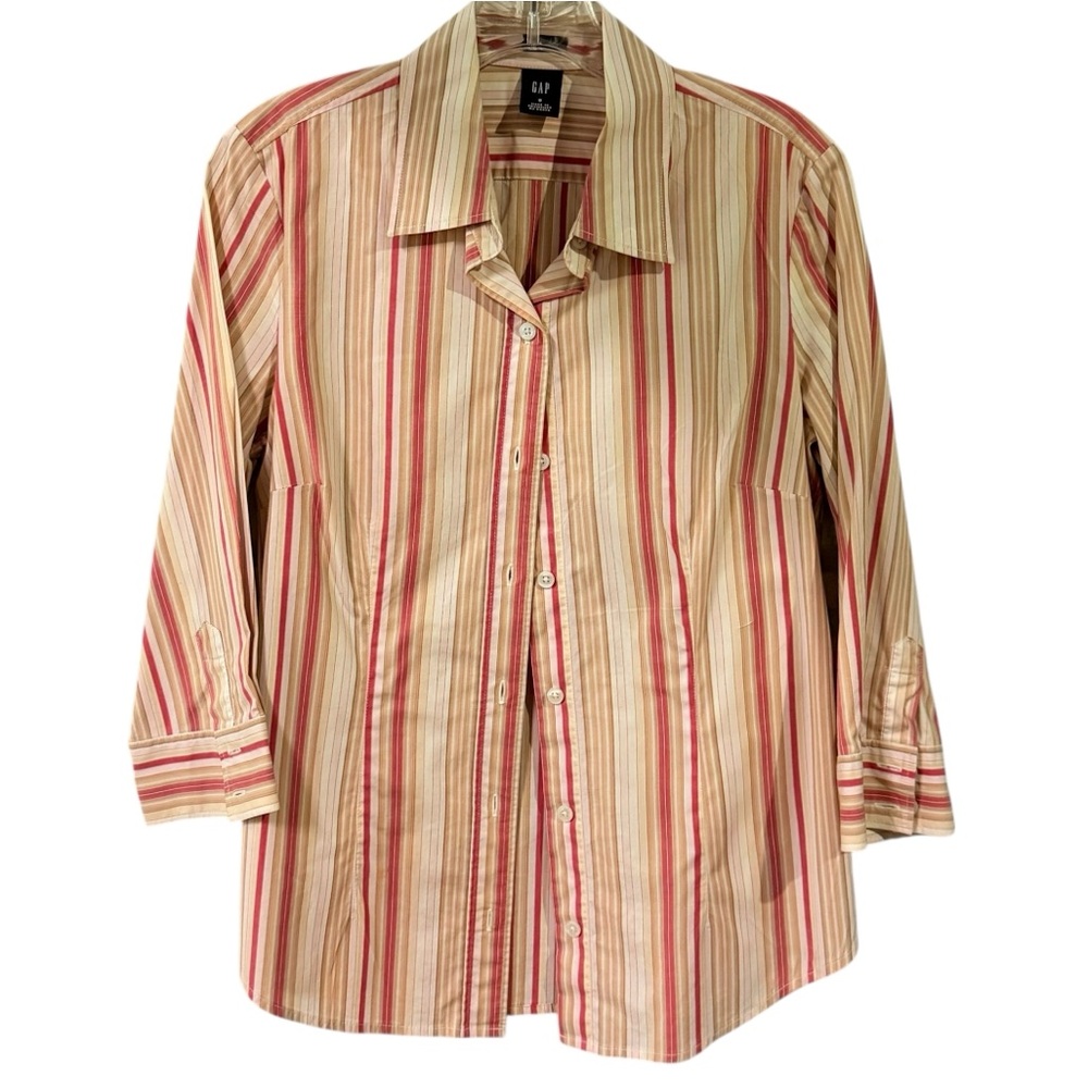 GAP Stretch Women's Button Down Vintage Beige Red Stripe Y2K‎ Preppy Blouse